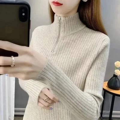 Rudens žiemos solidūs megzti viršutiniai moteriški megztiniai su užtrauktuku ilgomis rankovėmis, kasdieniai ploni megztiniai korėjietiški megztiniai