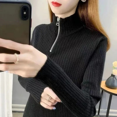Rudens žiemos solidūs megzti viršutiniai moteriški megztiniai su užtrauktuku ilgomis rankovėmis, kasdieniai ploni megztiniai korėjietiški megztiniai
