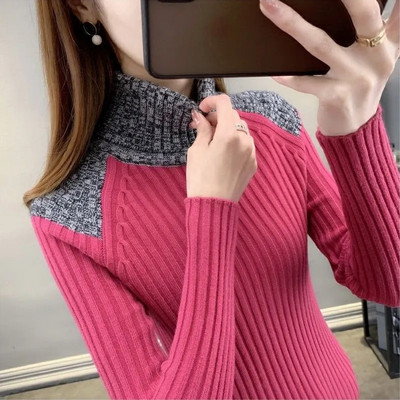 Sieviešu rudens ziemas džemperis ar bruņurupuču apkakli Vintage Harajuku džemperis Korejas vienkrāsains pamata trikotāžas topi plāns, elastīgs, elegants, elegants džemperis