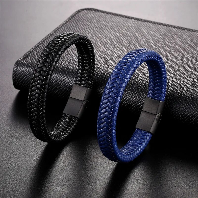 MKENDN punk muška kožna narukvica od crnog nehrđajućeg čelika s magnetskom kopčom Pletena tkana narukvica Pulseras dar za ljubitelje