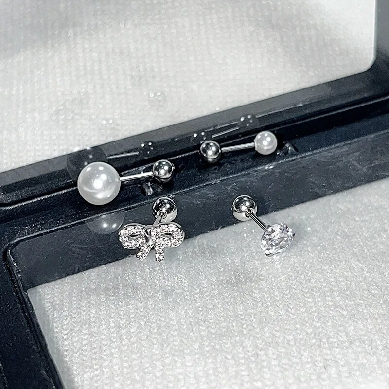 1 gab Pērļu imitācijas skrimšļa auskari nerūsējošā tērauda cirkons priekšgala auss gliemežnīca Helix cieši pieskrūvējama aizmugure Auskaru kniedes pīrsings rotaslietas