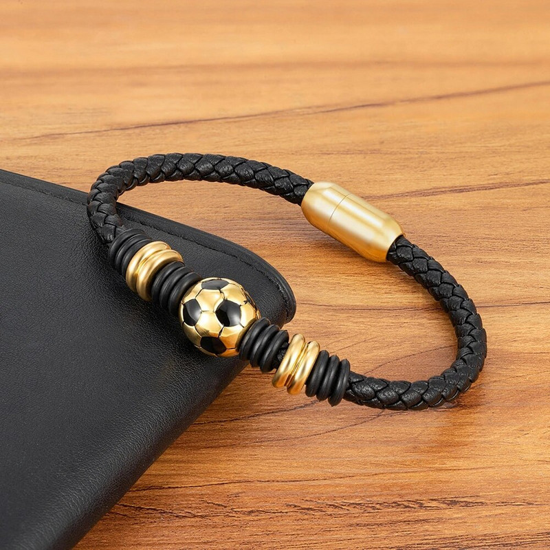 XQNI vīriešu ādas rokassprādze Vienkārša melna nerūsējošā tērauda poga Futbola bumbu aksesuāri Ar rokām austi vīriešu burvīgi rotaslietas dāvanas