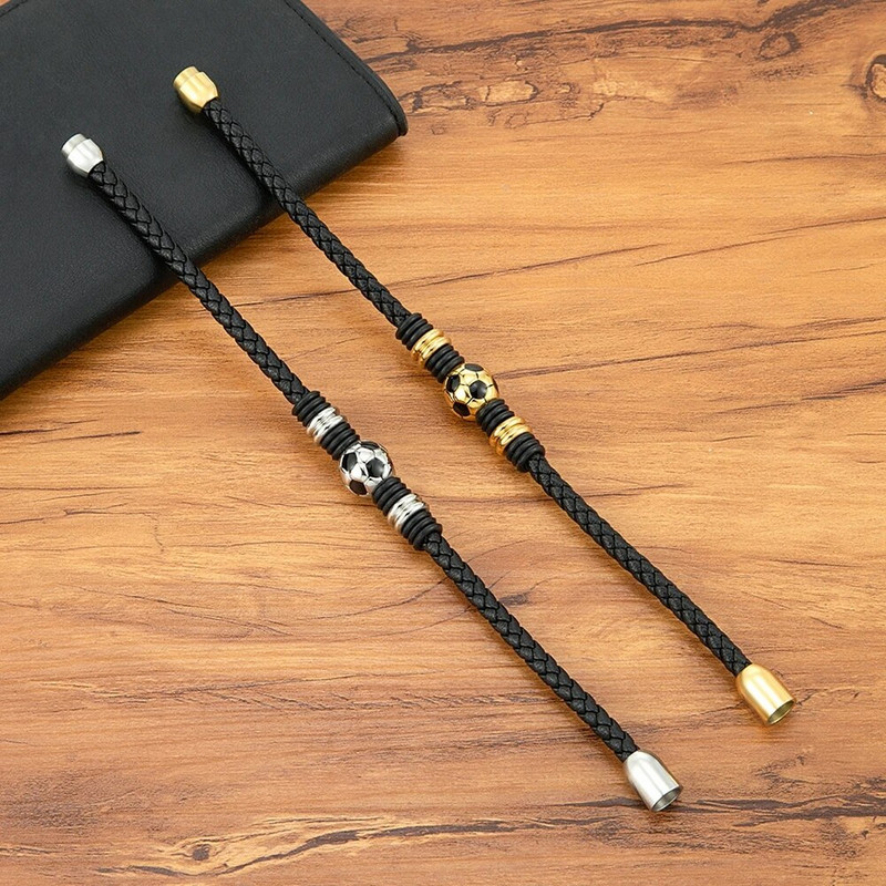 XQNI vīriešu ādas rokassprādze Vienkārša melna nerūsējošā tērauda poga Futbola bumbu aksesuāri Ar rokām austi vīriešu burvīgi rotaslietas dāvanas