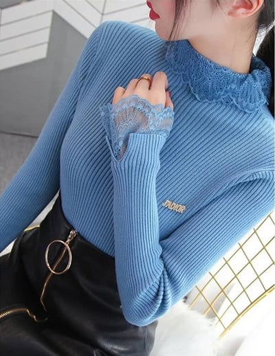 Naujas nėriniuotas megztinis moteriškas rudens moteriškas megztinis ilgomis rankovėmis Mėlynas megztinis laisvalaikis moteriškas megztas megztinis Femme P306