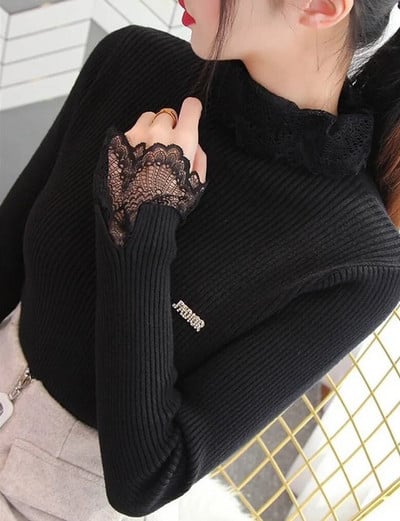 Naujas nėriniuotas megztinis moteriškas rudens moteriškas megztinis ilgomis rankovėmis Mėlynas megztinis laisvalaikis moteriškas megztas megztinis Femme P306