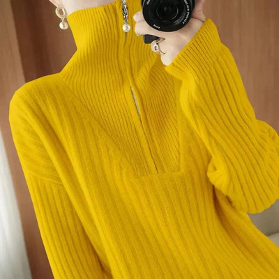 Sieviešu džemperis ar apkakli un džemperi 2023. gada ziema, jauni, sānu šķēlumi, trikotāžas sieviešu džemperi ar garām piedurknēm