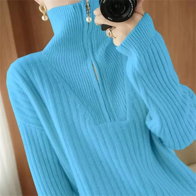 Sieviešu džemperis ar apkakli un džemperi 2023. gada ziema, jauni, sānu šķēlumi, trikotāžas sieviešu džemperi ar garām piedurknēm