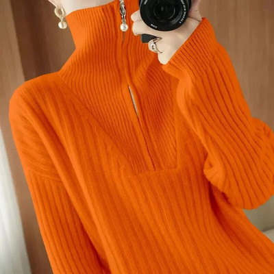 Sieviešu džemperis ar apkakli un džemperi 2023. gada ziema, jauni, sānu šķēlumi, trikotāžas sieviešu džemperi ar garām piedurknēm