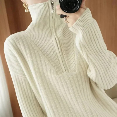 Sieviešu džemperis ar apkakli un džemperi 2023. gada ziema, jauni, sānu šķēlumi, trikotāžas sieviešu džemperi ar garām piedurknēm