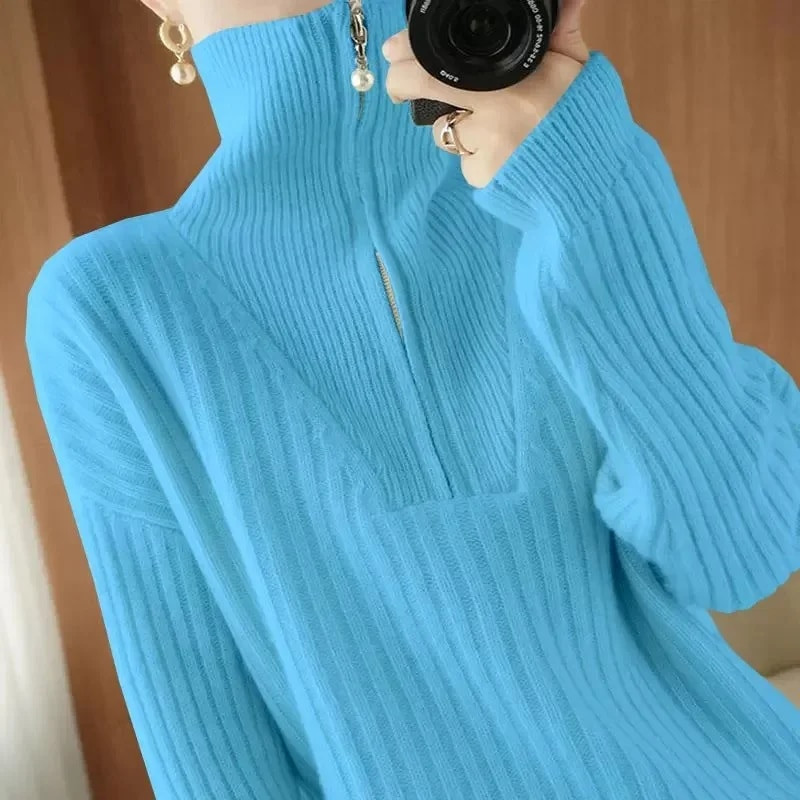 Sieviešu džemperis ar apkakli un džemperi 2023. gada ziema, jauni, sānu šķēlumi, trikotāžas sieviešu džemperi ar garām piedurknēm