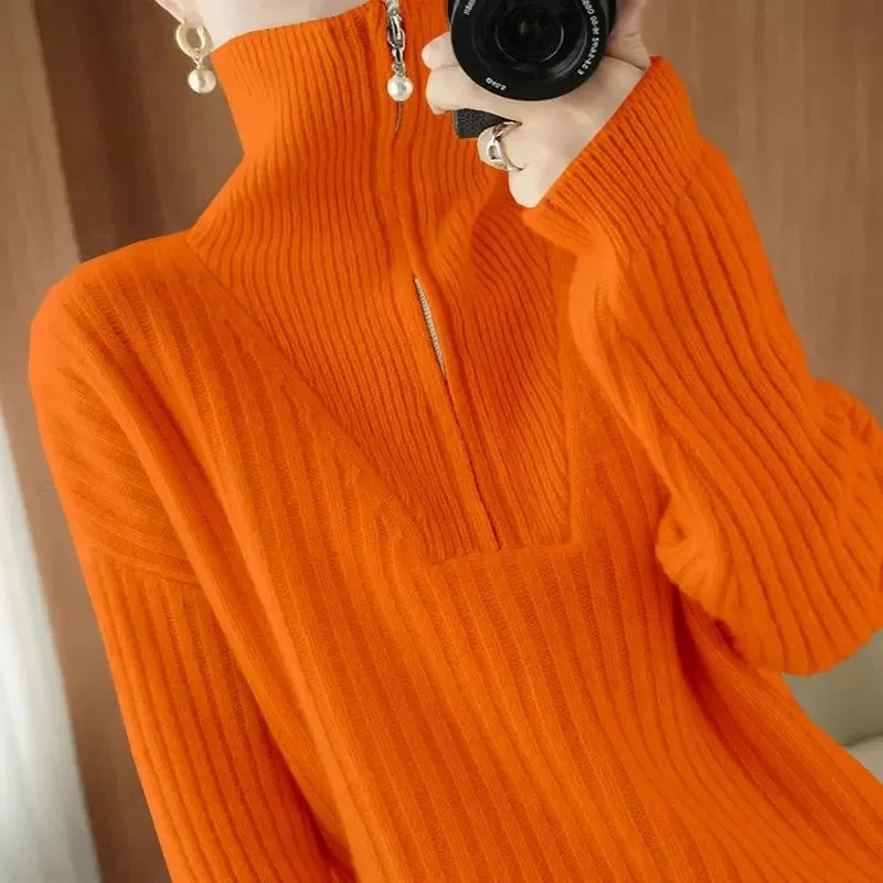 Sieviešu džemperis ar apkakli un džemperi 2023. gada ziema, jauni, sānu šķēlumi, trikotāžas sieviešu džemperi ar garām piedurknēm