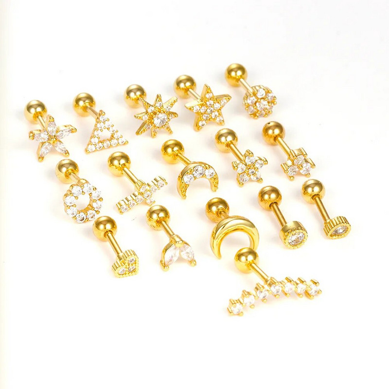 1 gabals Jauna dizaina nerūsējošā tērauda kristāla cirkonija zvaigžņu mēness kniedes auskari ar dubultgalvu, skrūvējamu skrimšļu auskari pīrsingu rotaslietas