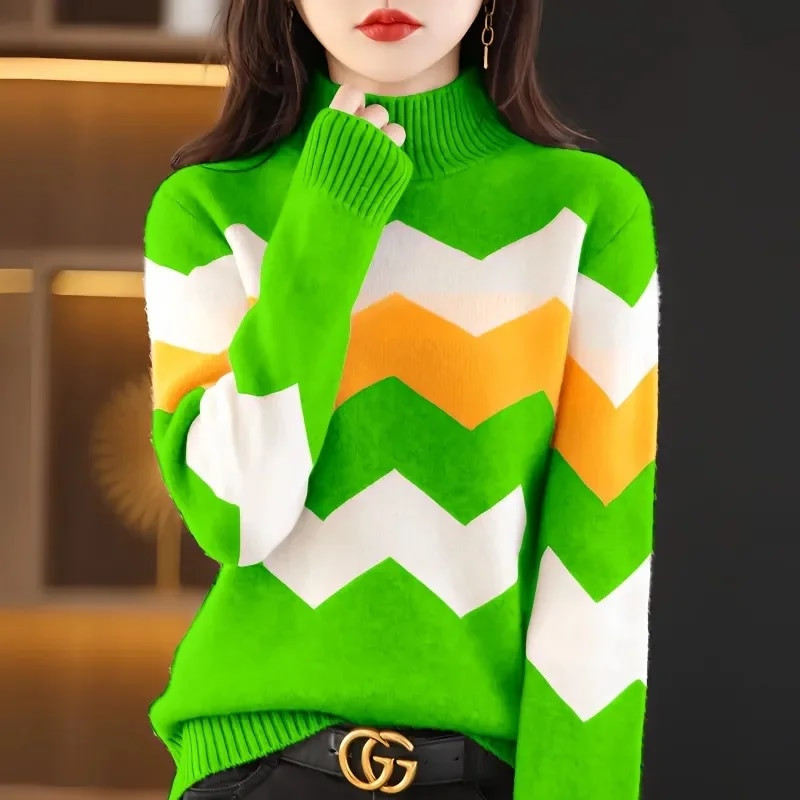 2023. gada rudens un ziemas jauns biezs kašmira džemperis sieviešu džemperis ar džemperi ar augstu kakla izgriezumu, silts, brīvs trikotāžas džemperis.