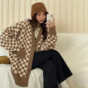 Шахматни жилетки Дамски плетен пуловер с дълъг ръкав Дамски корейски розови пуловери Жилетка Дамско яке с копчета