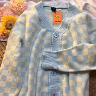 σκακιέρα Ζακέτες γυναίκες Μακρυμάνικο πλεκτό πουλόβερ Γυναικεία Κορεάτικα ροζ πουλόβερ Ζακέτα Γυναικεία μπουφάν με κουμπιά