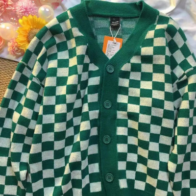 σκακιέρα Ζακέτες γυναίκες Μακρυμάνικο πλεκτό πουλόβερ Γυναικεία Κορεάτικα ροζ πουλόβερ Ζακέτα Γυναικεία μπουφάν με κουμπιά