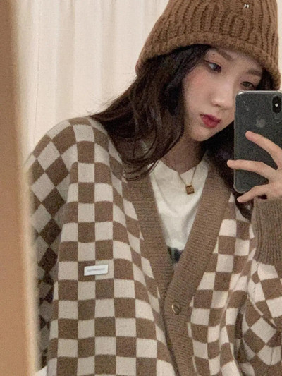 σκακιέρα Ζακέτες γυναίκες Μακρυμάνικο πλεκτό πουλόβερ Γυναικεία Κορεάτικα ροζ πουλόβερ Ζακέτα Γυναικεία μπουφάν με κουμπιά