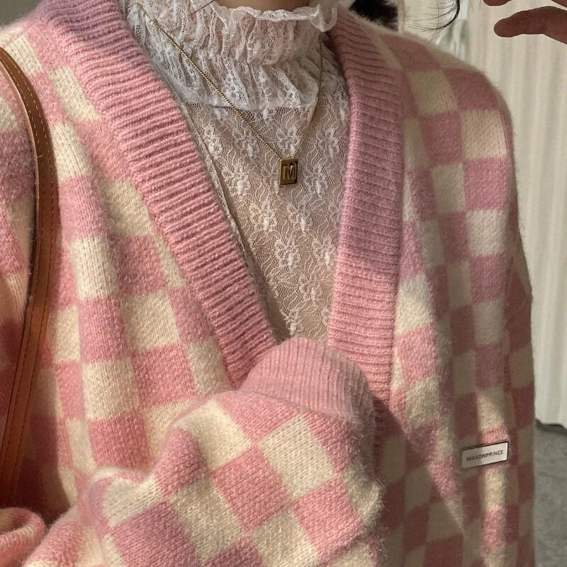 σκακιέρα Ζακέτες γυναίκες Μακρυμάνικο πλεκτό πουλόβερ Γυναικεία Κορεάτικα ροζ πουλόβερ Ζακέτα Γυναικεία μπουφάν με κουμπιά