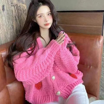 Есенно-зимна ягодова плетена дамска жилетка Y2K модна свободна топъл пуловер с дълъг ръкав с плътен корейски шик готов пуловер