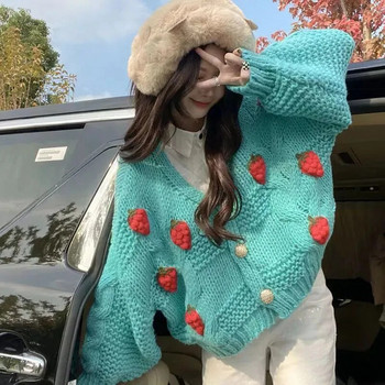 Есенно-зимна ягодова плетена дамска жилетка Y2K модна свободна топъл пуловер с дълъг ръкав с плътен корейски шик готов пуловер