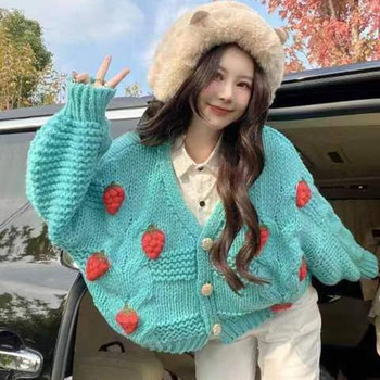 Φθινοπωρινό χειμωνιάτικο πλέξιμο φράουλα Γυναικεία ζακέτα Y2K Μόδα Φαρδύ μακρυμάνικο χοντρό Ζεστό πουλόβερ Κορεατικό κομψό Preppy πουλόβερ