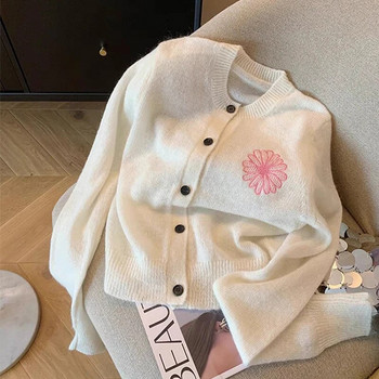 Streetwear Плетена жилетка с цветя Дамски пуловер с бродерия Палто Корейски изрязан трикотаж с цветя Сладки, елегантни семпли джъмпери Ново