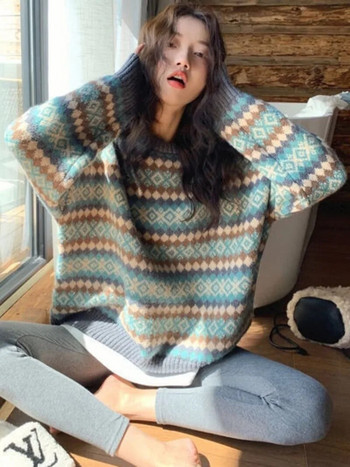 Зимни трикотажни пуловери, пуловери за жени, горна синя реколта, дълги свободни пуловери Autres, топли корейски модни пуловери от трико в стил Kawaii
