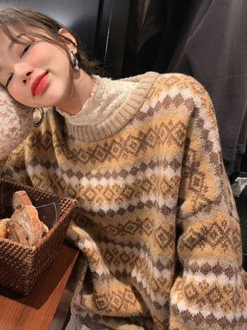 Зимни трикотажни пуловери, пуловери за жени, горна синя реколта, дълги свободни пуловери Autres, топли корейски модни пуловери от трико в стил Kawaii