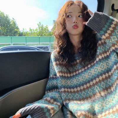 Χειμερινά Πλεκτά Πουλόβερ Πουλόβερ Γυναικεία Top Blue Vintage Long Loose Autres Sweats Ζεστή μόδα Κορέας Kawaii Jersey Jumper