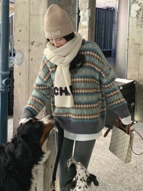 Χειμερινά Πλεκτά Πουλόβερ Πουλόβερ Γυναικεία Top Blue Vintage Long Loose Autres Sweats Ζεστή μόδα Κορέας Kawaii Jersey Jumper