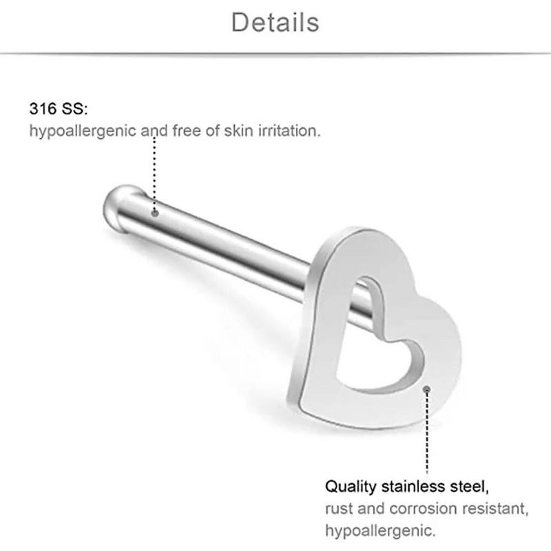 3 stiluri din oțel inoxidabil inimă os în formă de L cu șurub inele pentru nas Piercing bijuterii 2 mm zirconiu cubic