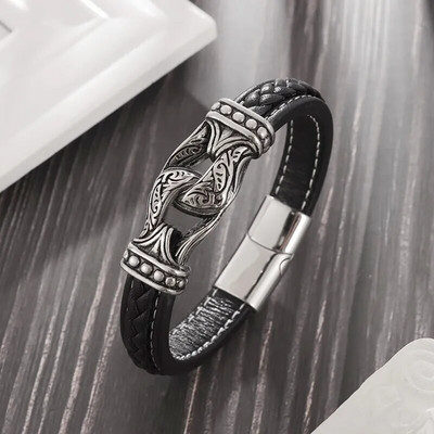 Μόδα Nordic Viking Totem βραχιόλι Ανδρικό δερμάτινο βραχιόλι με χαραγμένο Vintage κοσμήματα ποδηλάτης φυλαχτό Δώρο Pulseiras Masculina