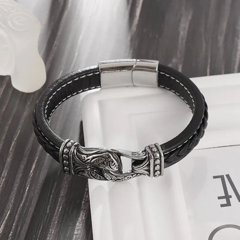 Μόδα Nordic Viking Totem βραχιόλι Ανδρικό δερμάτινο βραχιόλι με χαραγμένο Vintage κοσμήματα ποδηλάτης φυλαχτό Δώρο Pulseiras Masculina