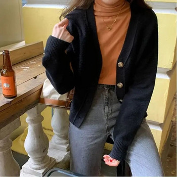 Ανοιξιάτικο φθινόπωρο 2023 Κοντό vintage πλεκτή ζακέτα γυναικεία μονόχρωμη μονόχρωμη μπουφάν πουλόβερ νέας κορεατικής έκδοσης