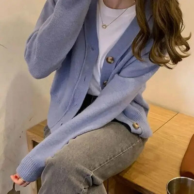 Ανοιξιάτικο φθινόπωρο 2023 Κοντό vintage πλεκτή ζακέτα γυναικεία μονόχρωμη μονόχρωμη μπουφάν πουλόβερ νέας κορεατικής έκδοσης