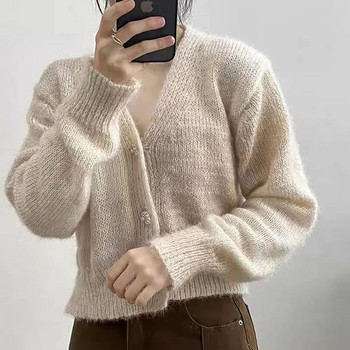Мек лепкав пуловер с градиентно V-образно деколте, корейски мек пуловер за жени Пролет/Лято Уникална къса плетена горна жилетка