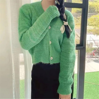 Мек лепкав пуловер с градиентно V-образно деколте, корейски мек пуловер за жени Пролет/Лято Уникална къса плетена горна жилетка