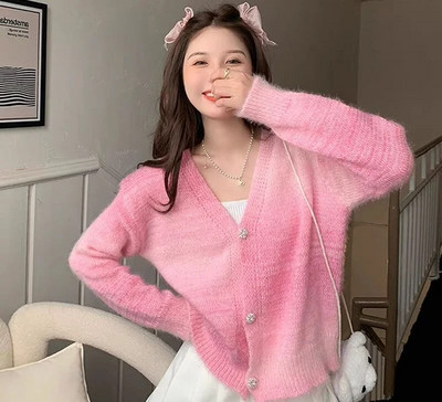 Gradiento V formos kaklelis korėjiečių Sweetheart minkštas, lipnus megztinis, skirtas pavasariui/vasarai, unikalus trumpas megztas megztinis.