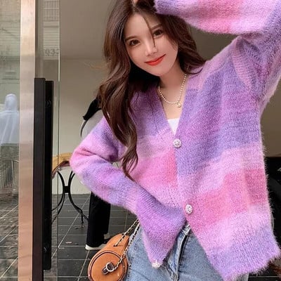 Gradiento V formos kaklelis korėjiečių Sweetheart minkštas, lipnus megztinis, skirtas pavasariui/vasarai, unikalus trumpas megztas megztinis.