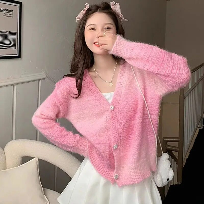 Gradiento V formos kaklelis korėjiečių Sweetheart minkštas, lipnus megztinis, skirtas pavasariui/vasarai, unikalus trumpas megztas megztinis.