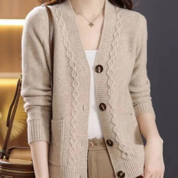 Γυναικεία Ρούχα 2023 Άνοιξη Φθινοπωρινή Μόδα με λαιμόκοψη σε V casual πλεκτή ζακέτα Νέα μονόχρωμη μακρυμάνικη παλτό με απαλό τεμπέλικο στυλ