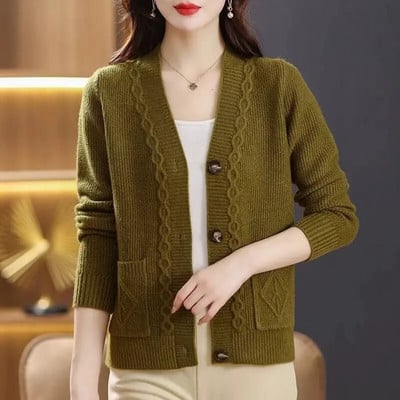 Moteriški drabužiai 2023 m. pavasario rudens V formos iškirptės mados laisvalaikio megztas megztinis Naujas vientisos spalvos ilgomis rankovėmis minkštas tinginio stiliaus paltas