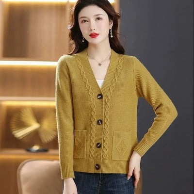 Moteriški drabužiai 2023 m. pavasario rudens V formos iškirptės mados laisvalaikio megztas megztinis Naujas vientisos spalvos ilgomis rankovėmis minkštas tinginio stiliaus paltas