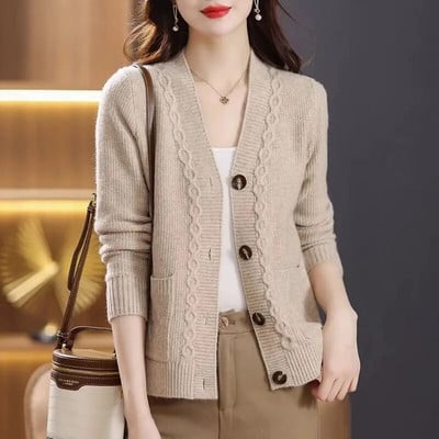 Moteriški drabužiai 2023 m. pavasario rudens V formos iškirptės mados laisvalaikio megztas megztinis Naujas vientisos spalvos ilgomis rankovėmis minkštas tinginio stiliaus paltas