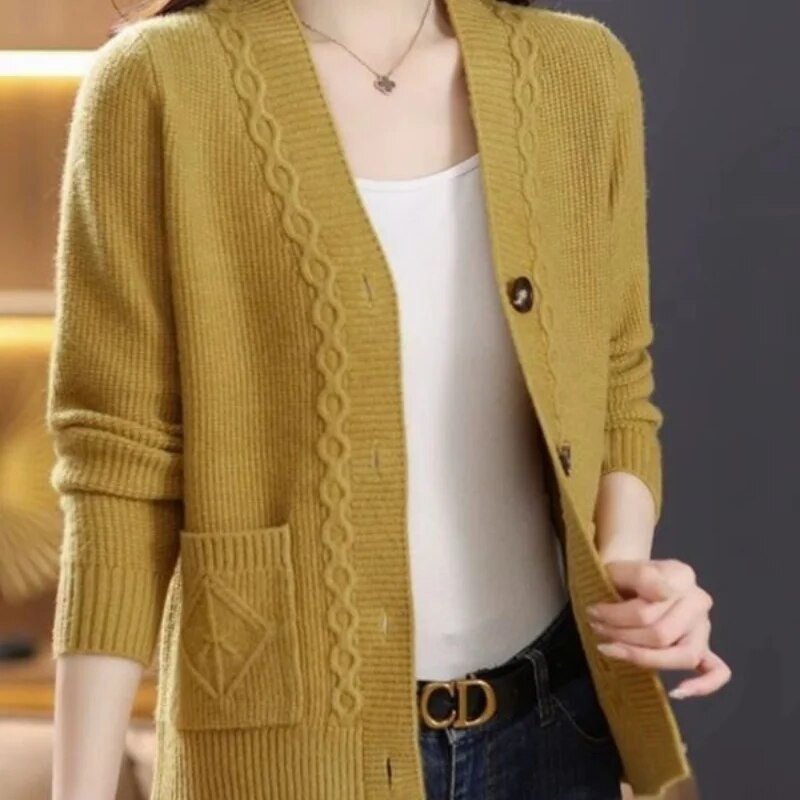 Moteriški drabužiai 2023 m. pavasario rudens V formos iškirptės mados laisvalaikio megztas megztinis Naujas vientisos spalvos ilgomis rankovėmis minkštas tinginio stiliaus paltas