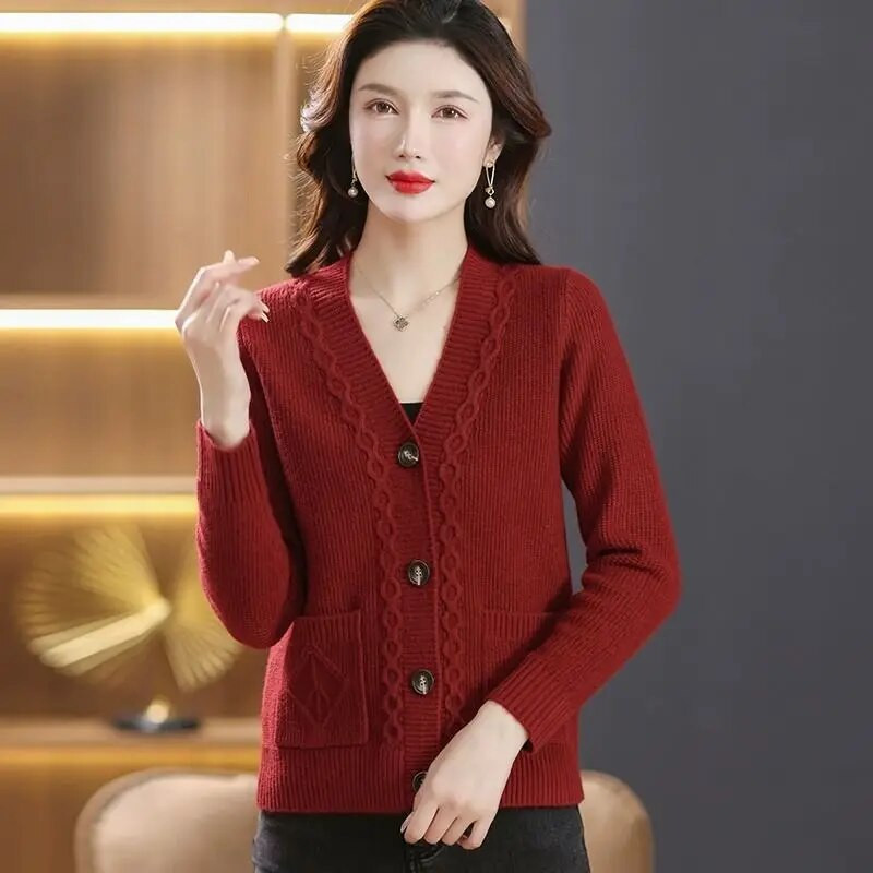 Moteriški drabužiai 2023 m. pavasario rudens V formos iškirptės mados laisvalaikio megztas megztinis Naujas vientisos spalvos ilgomis rankovėmis minkštas tinginio stiliaus paltas