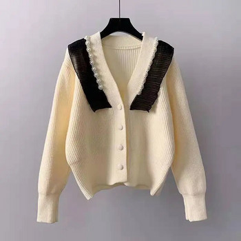 Къса едноцветна жилетка с пуловер Палто Дамска мода пролет есен 2023 Елегантна нова игла с мъниста V-образно деколте с дълъг ръкав и плетена горна част