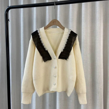 Κοντό μονόχρωμο παλτό ζακέτα πουλόβερ Γυναικείο 2023 Μόδα άνοιξη φθινόπωρο Κομψή νέα καρφίτσα πλεκτό μακρυμάνικο μπλουζάκι με V λαιμόκοψη