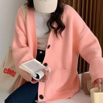 Μόδα Lazy πλεκτή ζακέτα με λαιμόκοψη V Κορεάτικο φθινοπωρινό απαλό στυλ, απαλό κολλώδες, μονόχρωμο πουλόβερ για γυναίκες