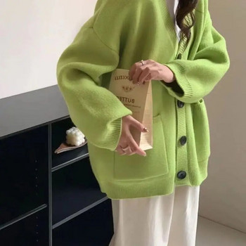 Μόδα Lazy πλεκτή ζακέτα με λαιμόκοψη V Κορεάτικο φθινοπωρινό απαλό στυλ, απαλό κολλώδες, μονόχρωμο πουλόβερ για γυναίκες